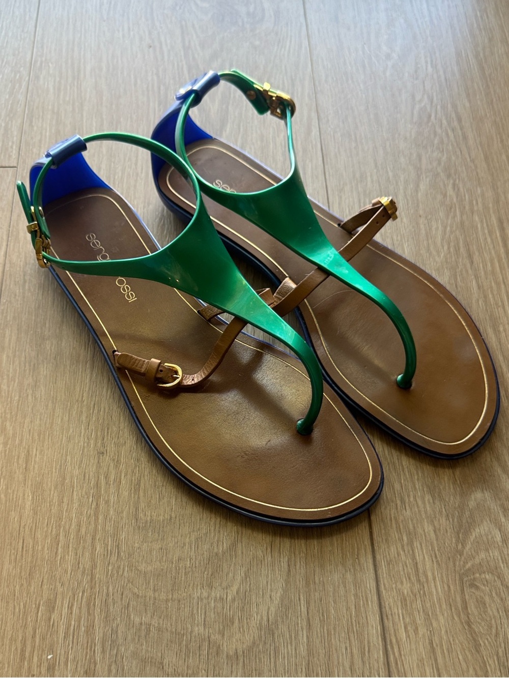 VINTAGE Sergio Rossi Jelly Sandals Cleo Green Blue Tan Colorblock Size 36 - Picture 8 of 11